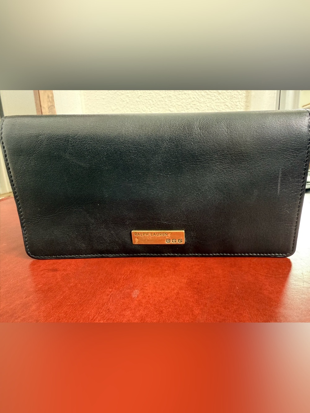 Ralph Lauren Black Leather Continental Wallet Gold Tone Logo Long Wallet